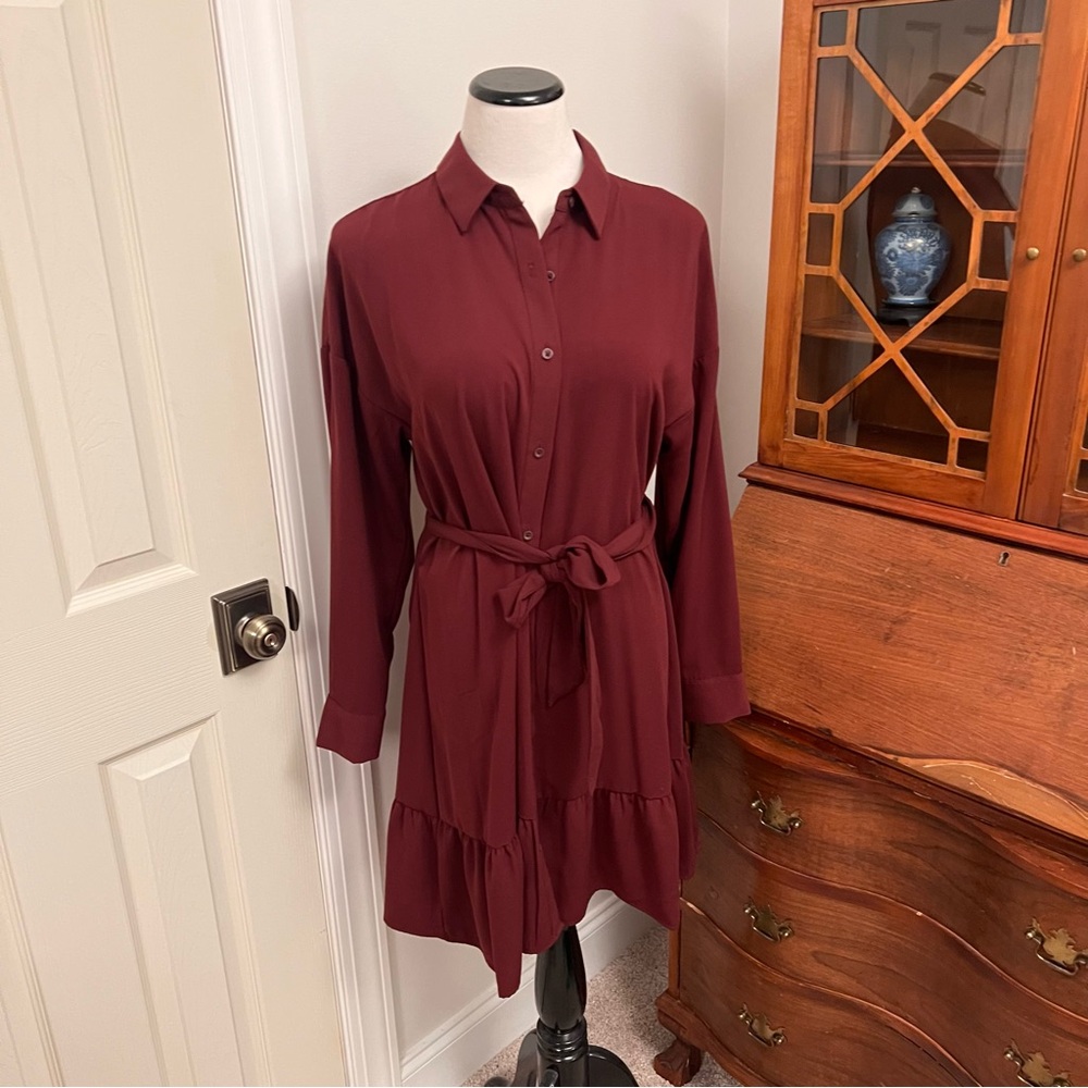 Nine West Maroon Long Sleeve Flutter Hem Tie Waist Dress